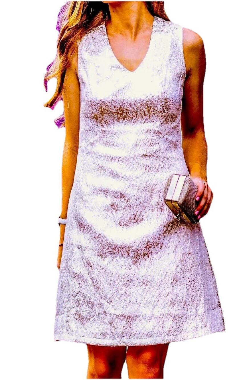 Julie Brown Cream And Gold Metallic Jacquard Lame A-line Dress Size 6